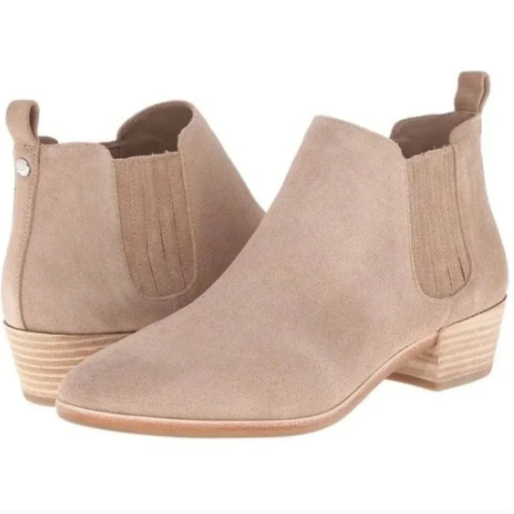 Michael Kors Shaw Suede Ankle Boots tan khaki taupe leather low block heel 7